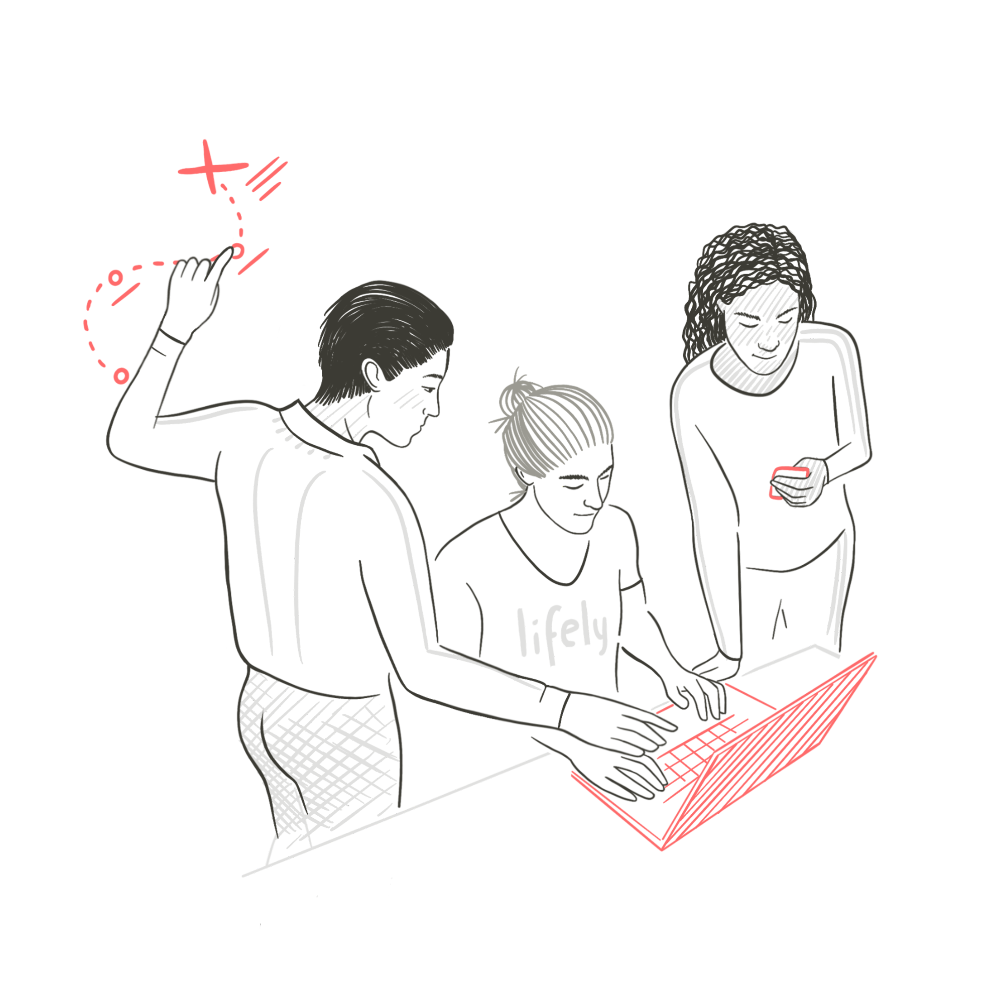 Three people behind a laptop