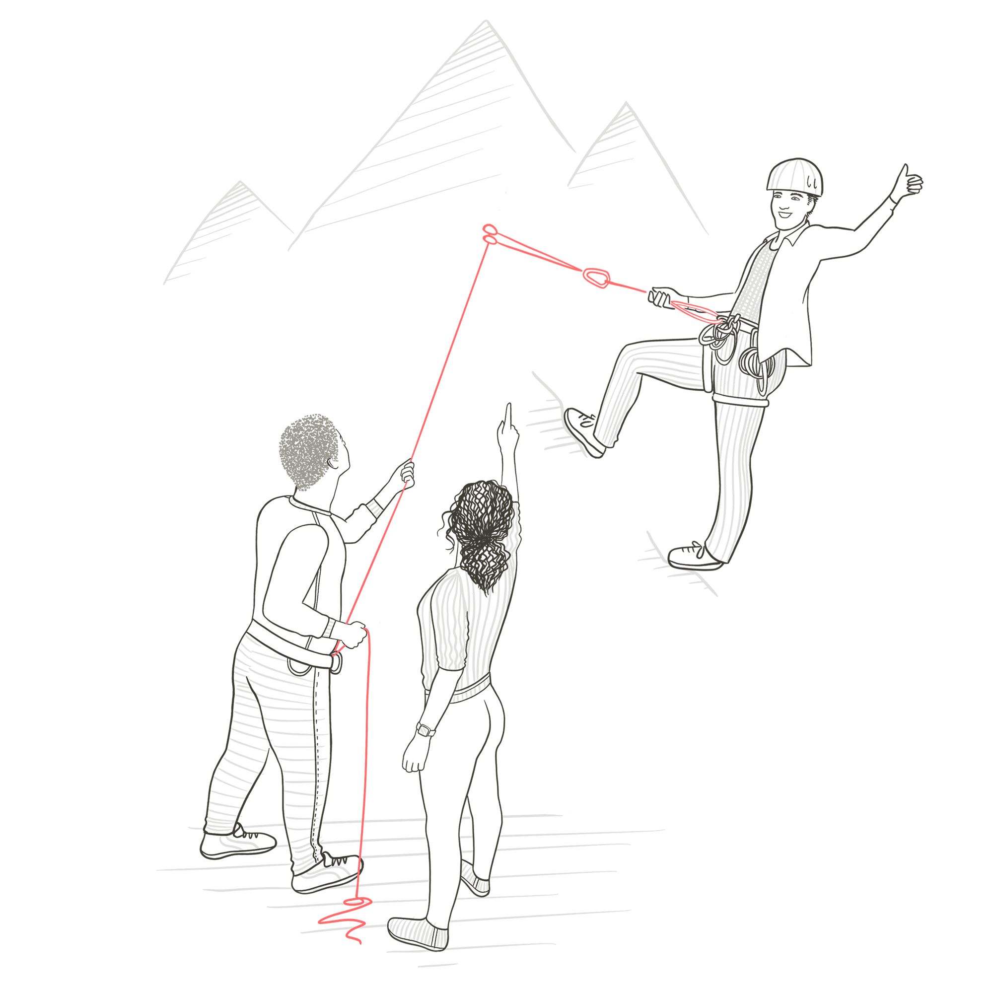 A person climbing a mountain with a rope, and two peaple holding that rope on the ground